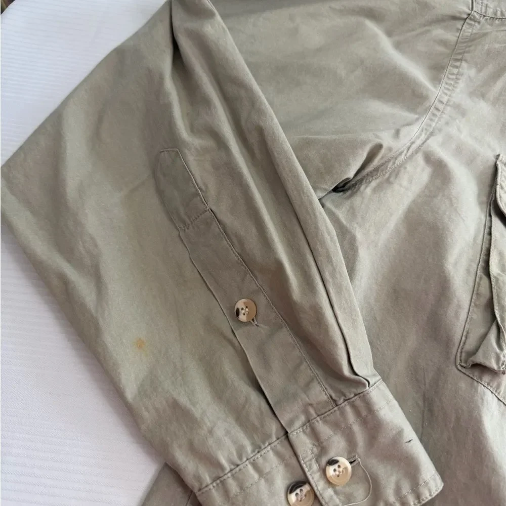 Orvis Men’s Khaki Cargo Vintage Camp Button Up Shirt Size Large